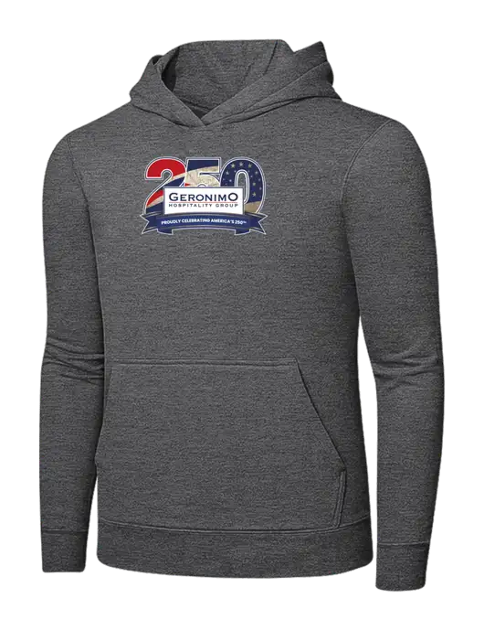 Graphite Heather 7.8. oz Ring Spun Hooded Sweatshirt w/Geronimo 250th Logo