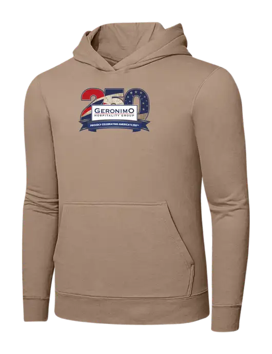 Sand 7.8. oz Ring Spun Hooded Sweatshirt w/Geronimo 250th Logo