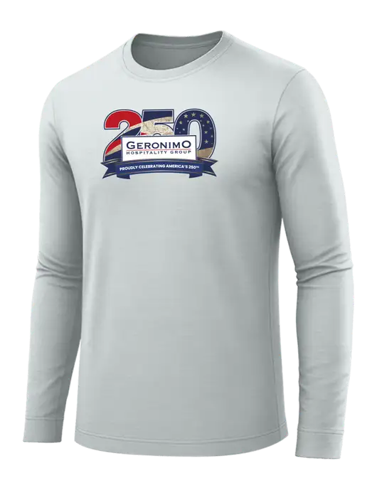 Long Sleeve Light Grey PosiCharge Competitor Tee w/Geronimo 250th Logo