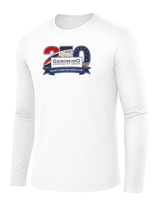 Long Sleeve White PosiCharge Competitor Tee w/Geronimo 250th Logo