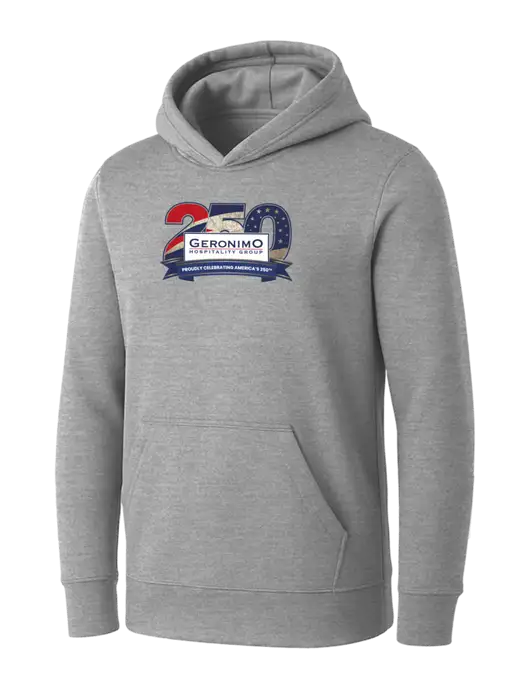 Womens Light Grey Heather Core Fleece Pullover Hooded Sweatshirt w/Geronimo 250th Logo