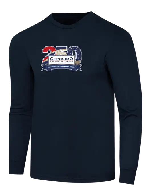 Simply Soft Long Sleeve Navy 4.5 oz, Poly/Combed Ring Spun Cotton T-Shirt w/Geronimo 250th Logo