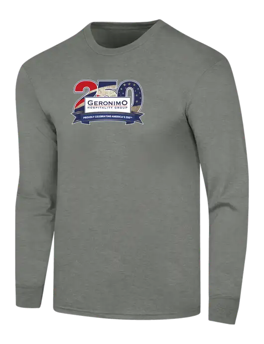 Simply Soft Long Sleeve Heathered Charcoal 4.5 oz, Poly/Combed Ring Spun Cotton T-Shirt w/Geronimo 250th Logo