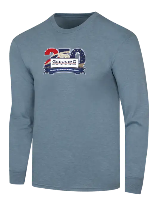 Simply Soft Long Sleeve Slate Blue Heather 4.5 oz, Poly/Combed Ring Spun Cotton T-Shirt w/Geronimo 250th Logo