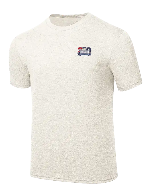 Simply Soft Very Light Tan Heather 4.5oz Poly/Combed Ring Spun Cotton T-Shirt w/Geronimo 250th Logo