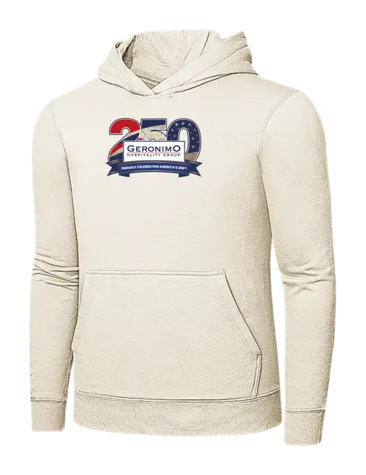 Very Light Tan 7.8 oz Ring Spun Hooded Sweatshirt w/Geronimo 250th Logo