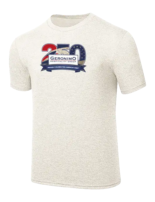 Simply Soft Very Light Tan Heather 4.5oz Poly/Combed Ring Spun Cotton T-Shirt w/Geronimo 250th Logo