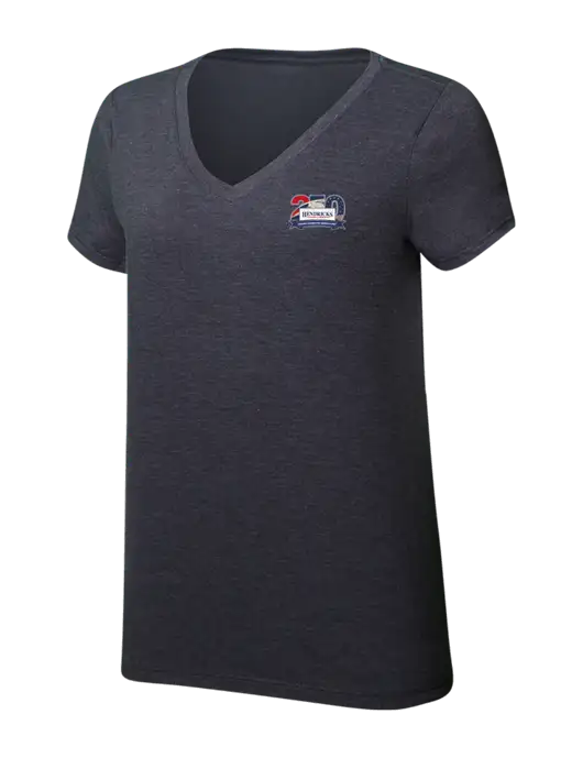 Womens Simply Soft V-Neck Heather Charcoal 4.5oz  Poly/Combed Ring Spun Cotton T-Shirt w/Hendricks 250th Logo