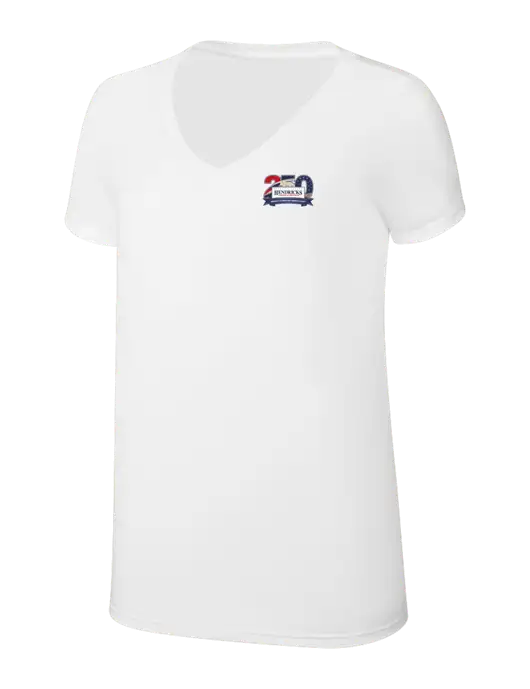 Womens Simply Soft V-Neck White 4.5oz  Poly/Combed Ring Spun Cotton T-Shirt w/Hendricks 250th Logo