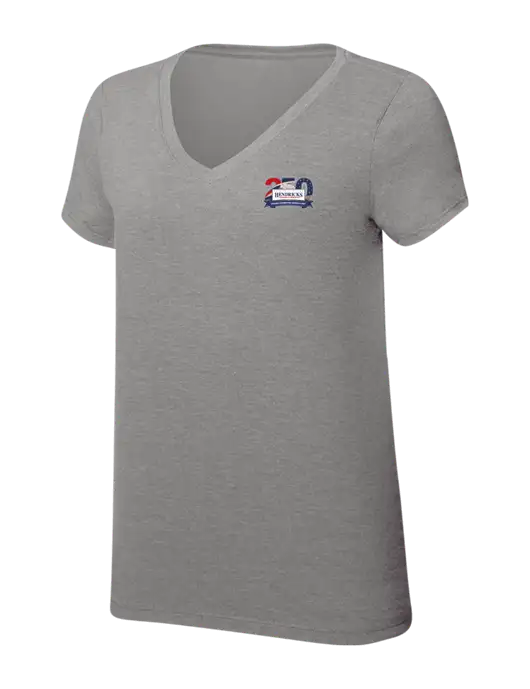 Womens Simply Soft V-Neck Grey Frost 4.5oz  Poly/Combed Ring Spun Cotton T-Shirt w/Hendricks 250th Logo