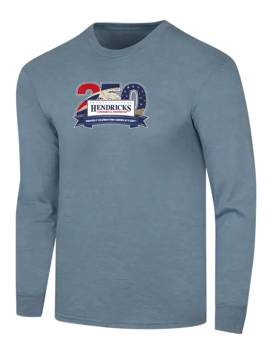 Simply Soft Long Sleeve Slate Blue Heather 4.5 oz, Poly/Combed Ring Spun Cotton T-Shirt w/Hendricks 250th Logo
