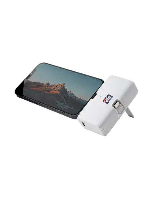 White Phone Power Bank Stand 4,500 mAh Dual Ports Type C & Lightning w/Hendricks 250th Logo