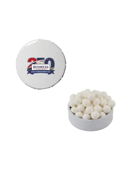 Signature Peppermints In White Snap Top Tin  w/Hendricks 250th Logo