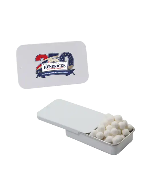 Signature Peppermints In White Slider Tin w/Hendricks 250th Logo