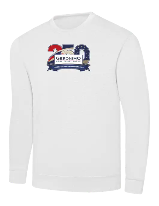 White 7.8 oz Ring Spun Crew Sweatshirt w/Geronimo 250th Logo